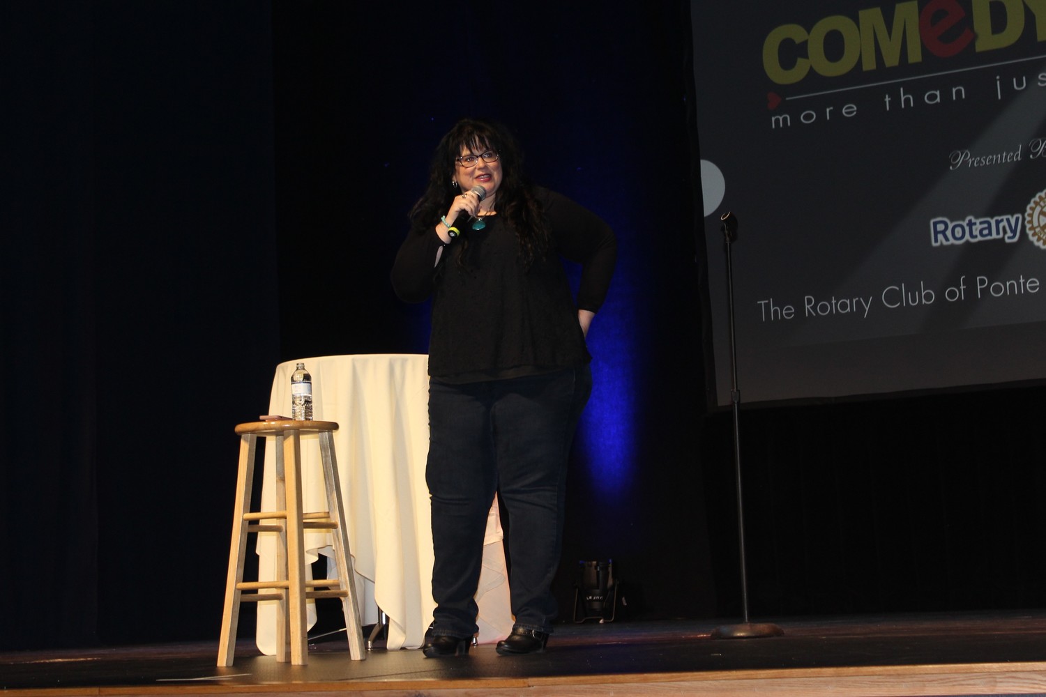 Comedian Christina Schriver entertains the crowd at the Rotary Club of Ponte Vedra Beach Sunset’s Comedy for a Cause fundraiser on April 21 at UNF’s Robinson Theater.
